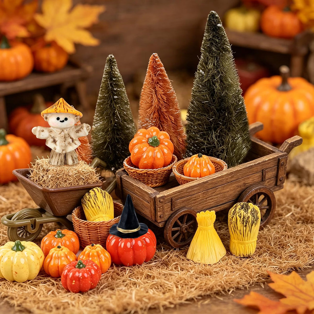 33-Piece Mini Fall Resin Figurine Set – Pumpkins, Scarecrow, Trees & Farm Miniatures for Thanksgiving Harvest Table Décor