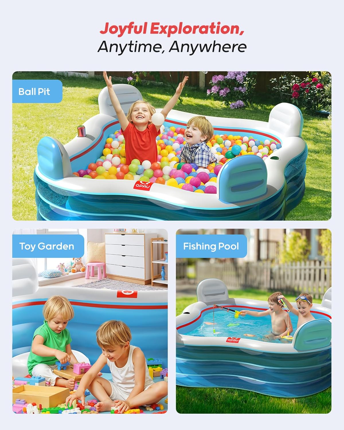 Full-Sized Inflatable Swimming Pool – Blow Up Family Pool with Seats & Backrests for Backyard Summer Fun – Clear Blue