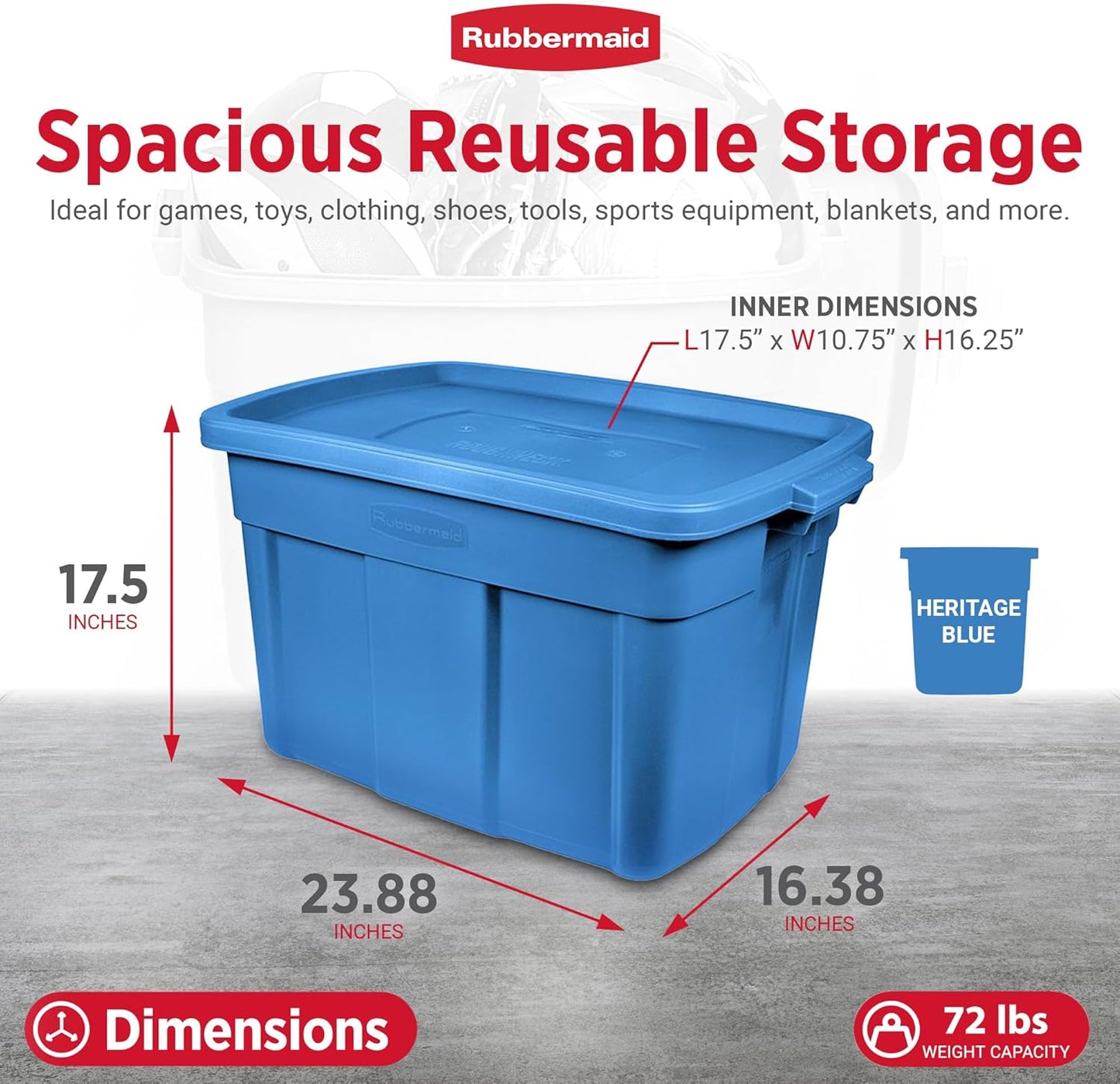18 Gal Roughneck Tote Storage Bins – Rugged Stackable Plastic with Lids & Handles – Heritage Blue (6 Pack) – Made in USA