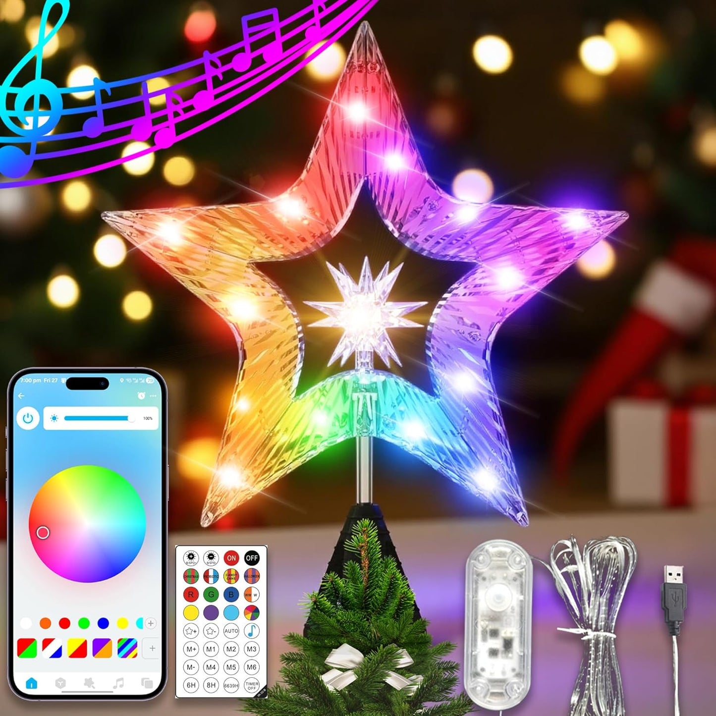 10" Lighted Christmas Tree Star Topper - Shatterproof Plastic with RGB Glow & USB Plug for Holiday Decorations