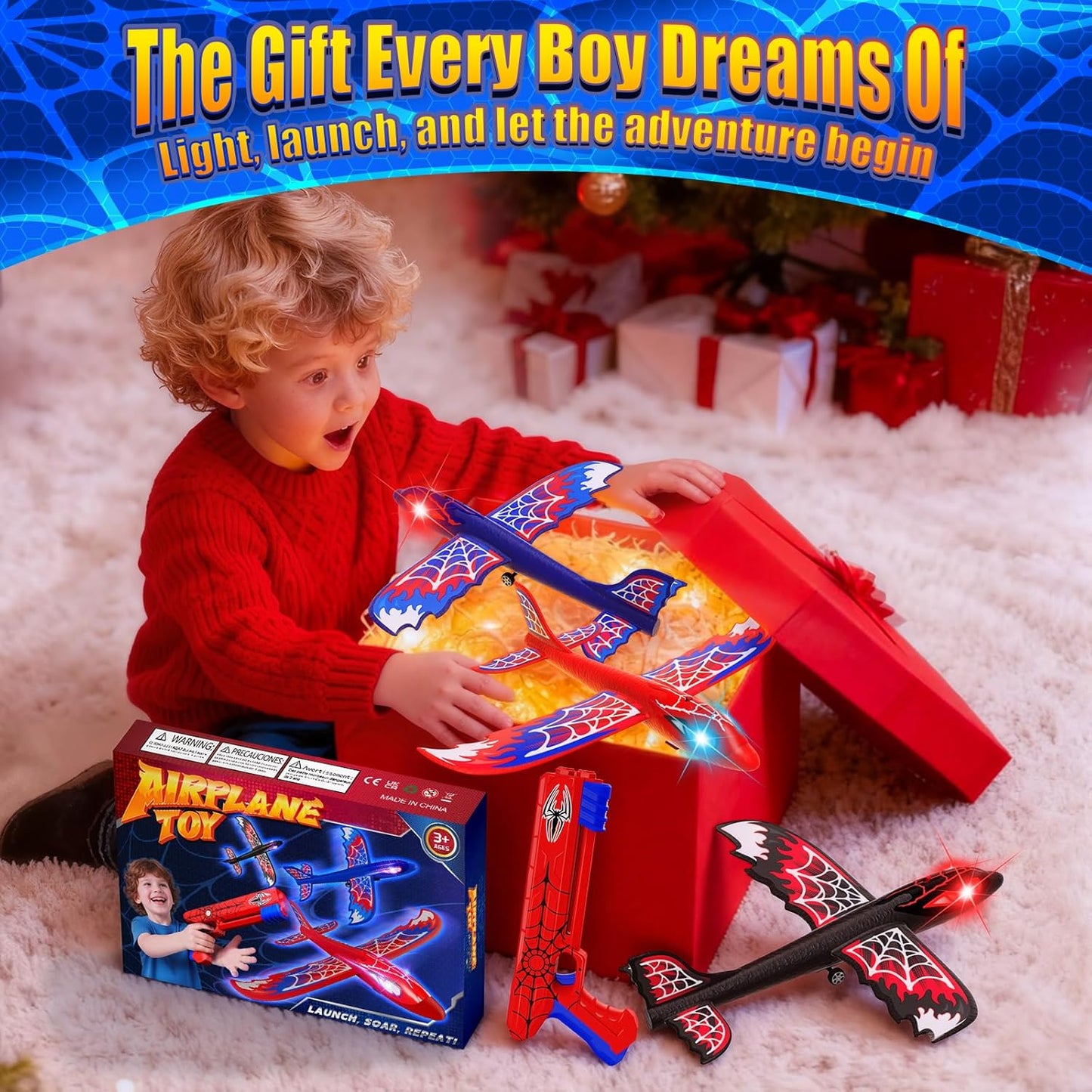 3-Pack Airplane Launcher Toy – Glowing Eyes & Web-Pattern Wings | 2 Flight Modes for Outdoor Fun, Perfect for Kids Ages 3-12 – Great Birthday Gift (Red, Blue & Black)