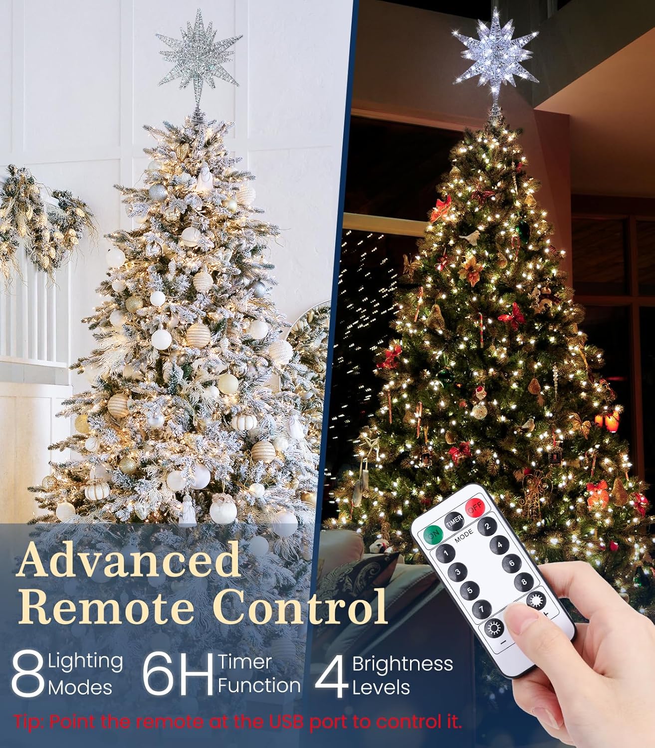 Christmas Tree Topper - 9.6" 3D Silver Star with USB Plug & Remote Control, Featuring 6H Timer and 8 Lighting Modes