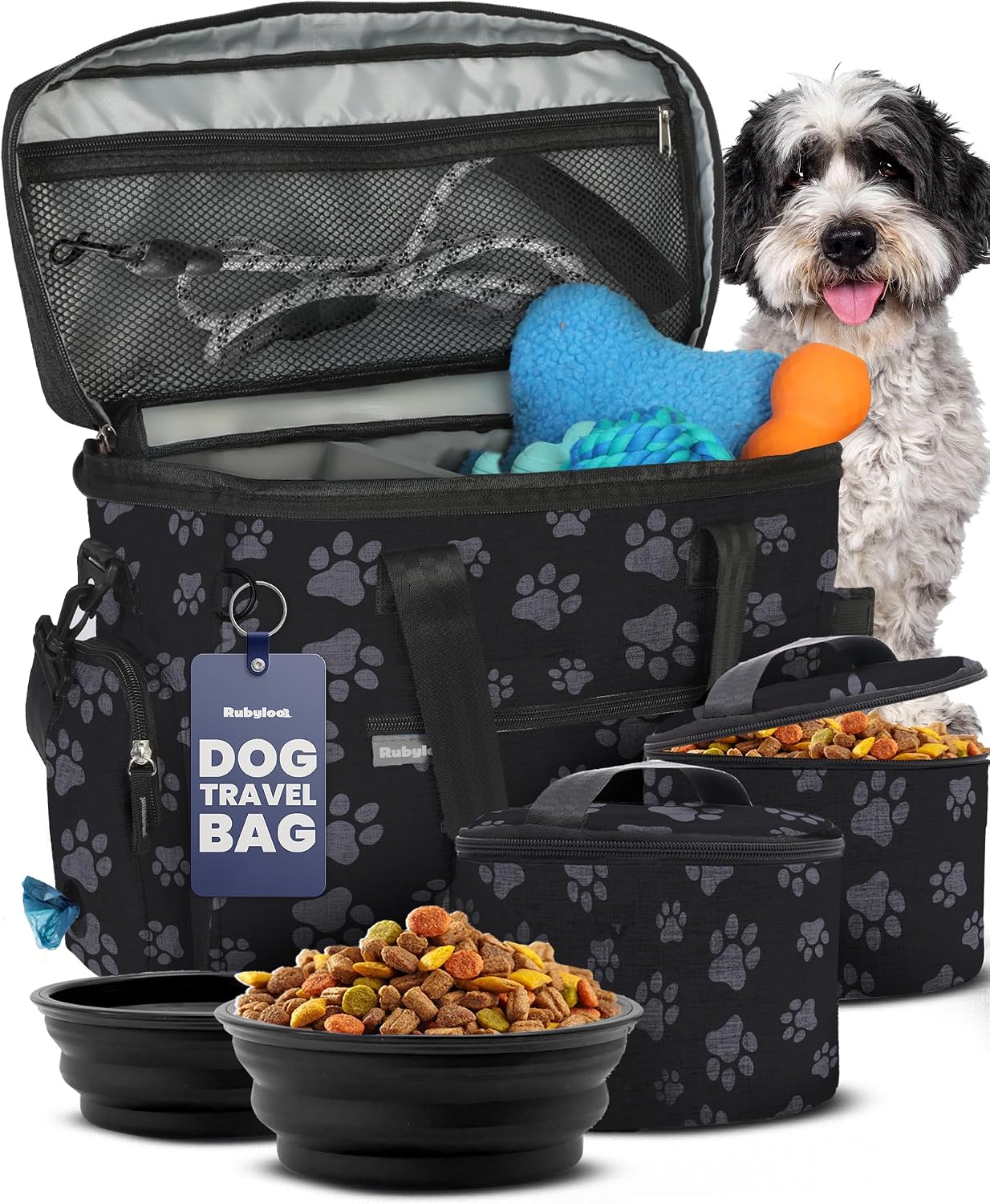 Complete Dog Travel Bag – Pet Travel Kit with 2 Food Containers & 2 BPA-Free Bowls for Road Trips & Camping
