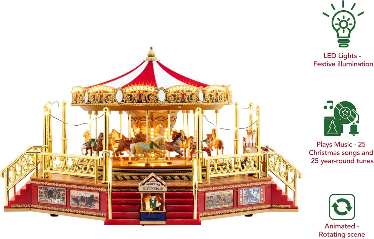 Red Gold Label Animated Carousel - 8-Inch Musical Christmas Decoration with LED Lights and 50 Songs