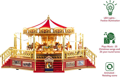 Red Gold Label Animated Carousel - 8-Inch Musical Christmas Decoration with LED Lights and 50 Songs