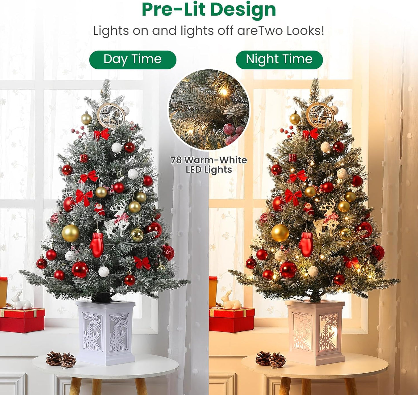 Set of 2 - 3ft Prelit Christmas Trees with 78 Warm Lights & Snowflake Base