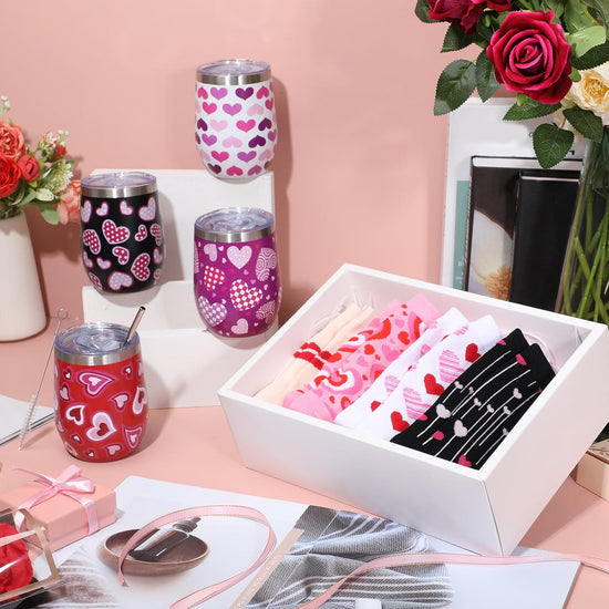 12 oz Heart Print Tumbler Cups and Heart Socks Stainless Steel with Lids Straw Brush Socks