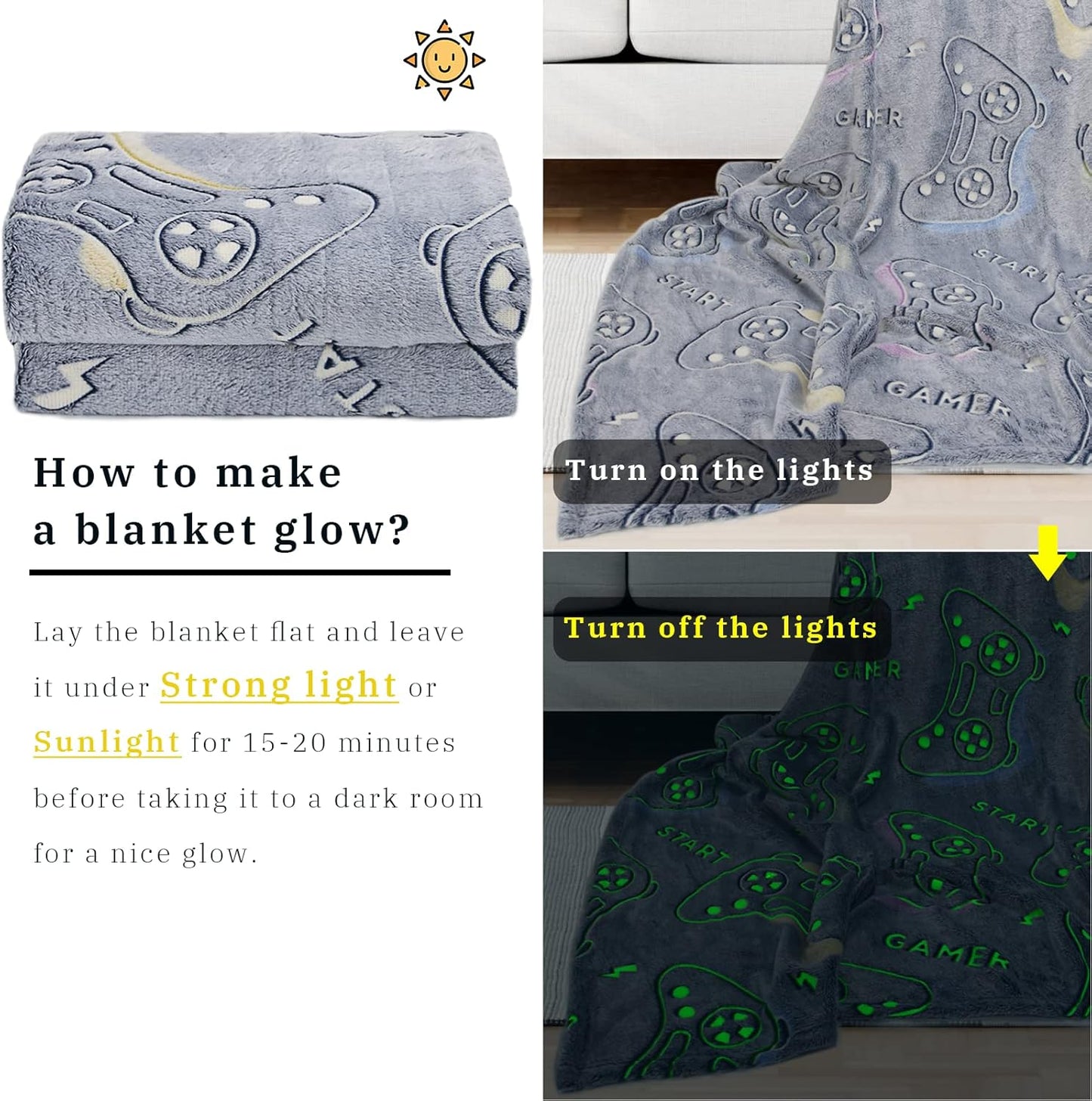 Glow-in-the-Dark Gamer Throw Blanket – Soft Cozy Game Controller Design (50" x 60")