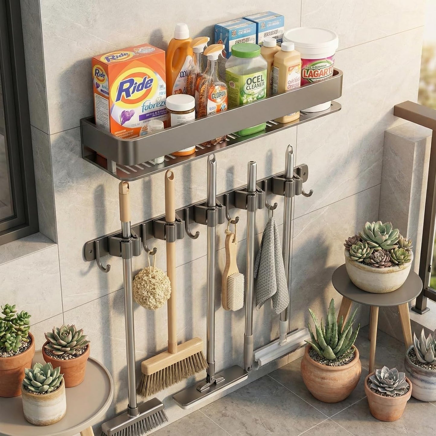 Wall Mount Organizer with Shelf & Heavy-Duty Hooks – Holder for Brooms, Mops, Vacuums & Cleaning Supplies – Garage, Laundry & Closet Storage