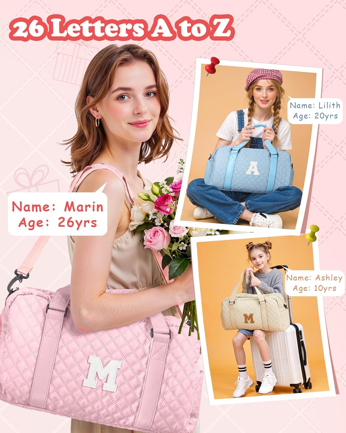 Personalized Duffle Bag – Carry-On Travel & Gym Bag (Baby Pink, Letter L)