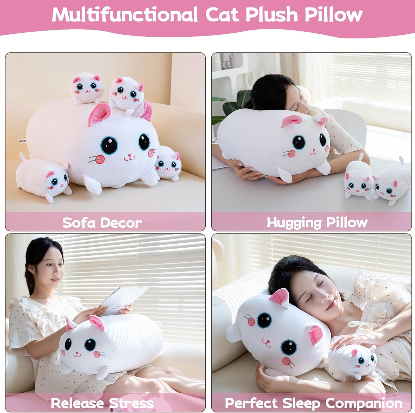 16" Cat Plush Toy Set – Jumbo Stuffed Animal with 4 Kitties for Kids and Loved Ones