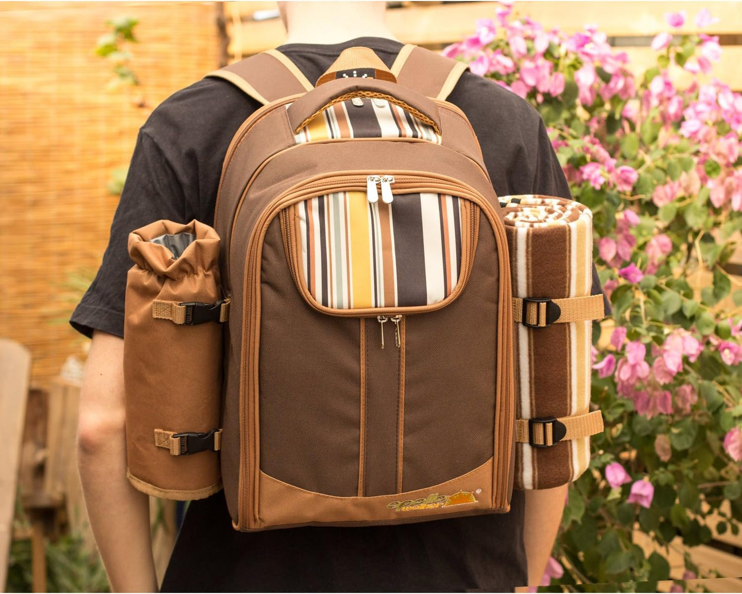 Picnic Backpack for 4 – Includes Cooler Compartment, Wine Bag & 45"x53" Blanket (Brown)