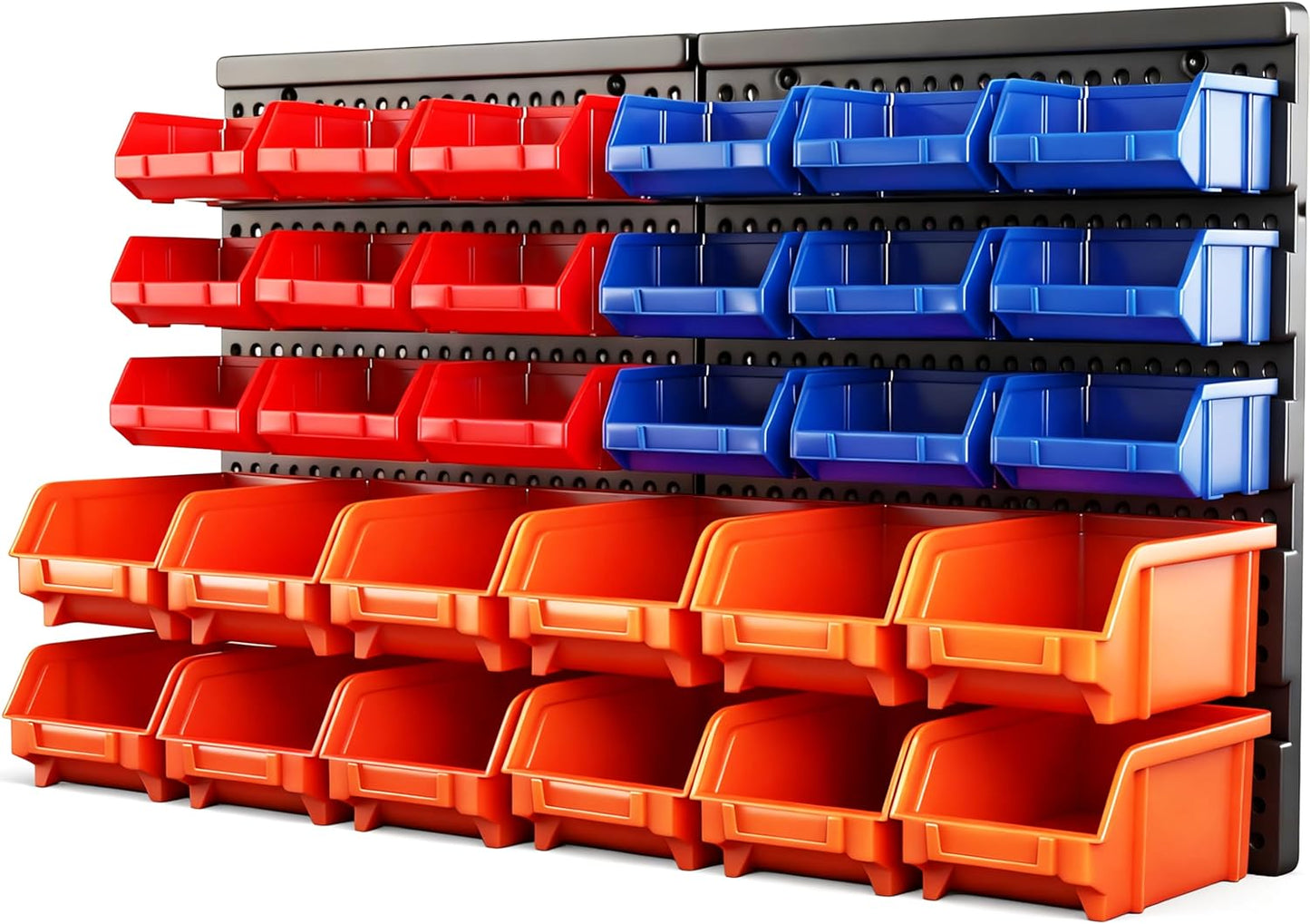 30PC Wall Mounted Storage Bin Rack – Garage Parts & Tool Organizer with Plastic Bins – Blue, Orange & Red