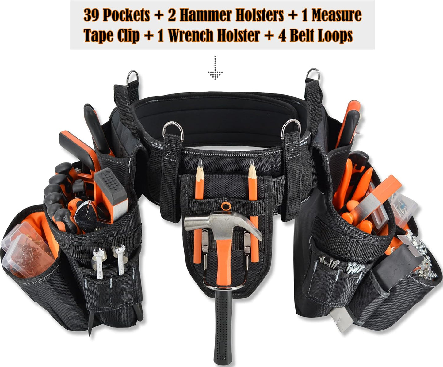 39 Pocket Tool Belt with Suspenders – 4" Padded Carpenter Tool Pouch for Men