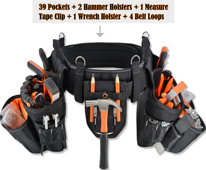 39 Pocket Tool Belt with Suspenders – 4" Padded Carpenter Tool Pouch for Men