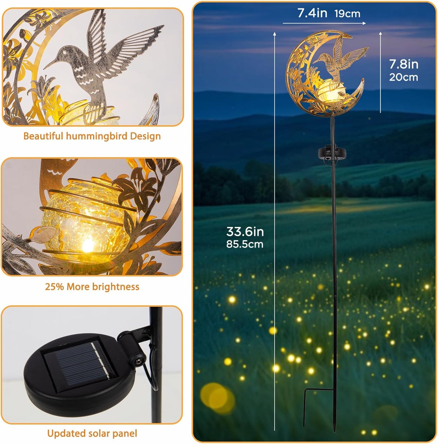 Solar Hummingbird Stake Light – Moon & Bird Metal Outdoor Decor, Waterproof Auto On/Off Pathway Light for Yard, Lawn, Patio & Garden