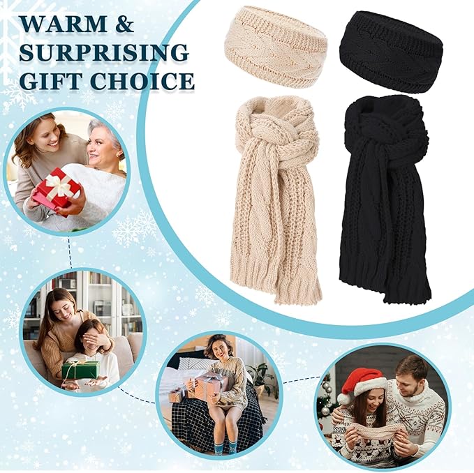 Women’s Cable Knit Scarf & Ear Warmer Headband Set – Fleece-Lined Winter Accessories (Black/Khaki)