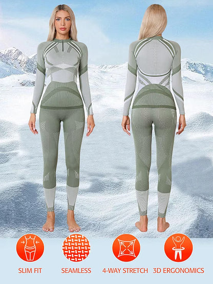 Women’s Thermal Underwear Set – Winter Long Johns Base Layer, White & Green, Size Medium