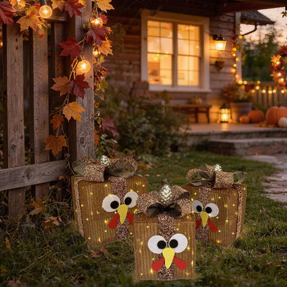 Light-Up Thanksgiving Turkey Gift Boxes – 80-Light Prelit Fall Porch & Table Decorations with 8 Modes & Timer