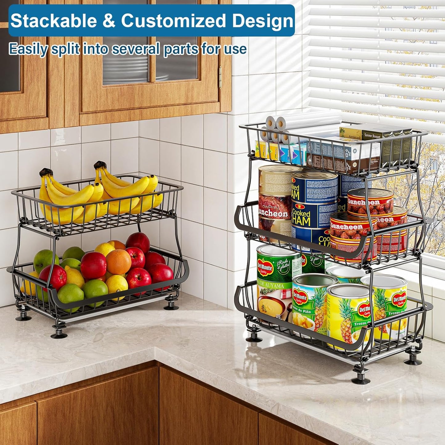 3-Tier Rolling Pantry Organizer Cart – Stackable Wire Baskets for Kitchen, Fruit & Snack Storage with Wheels
