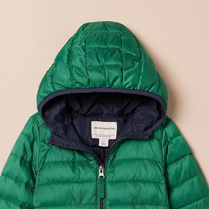 Boys’ Lightweight Packable Hooded Puffer – Water-Resistant (Green, Small)