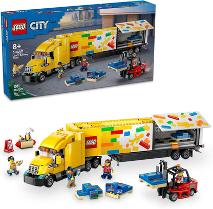 Yellow Delivery Truck Playset with Semitruck, Forklift, and 4 Minifigures - Great Birthday Gift for Kids