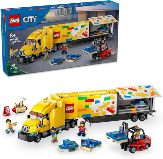 Yellow Delivery Truck Playset with Semitruck, Forklift, and 4 Minifigures - Great Birthday Gift for Kids