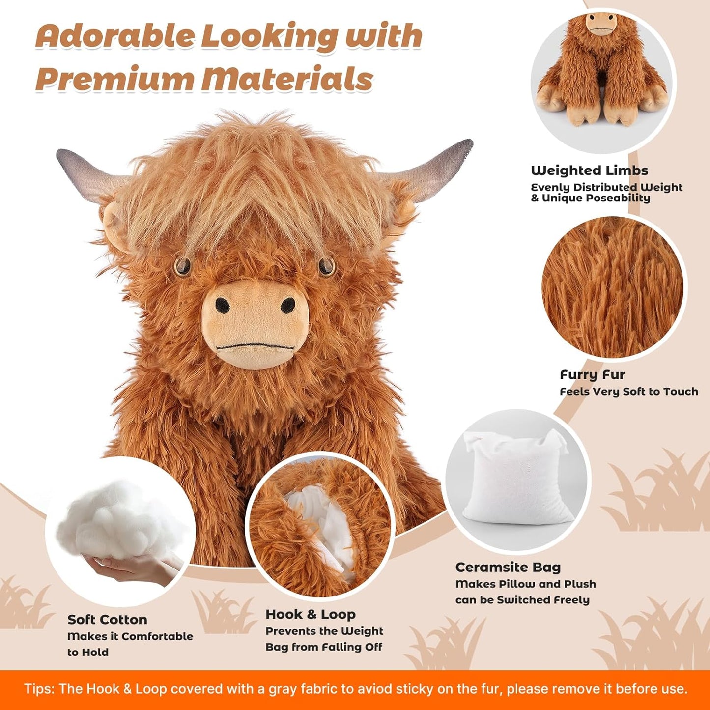 24" Highland Cow Weighted Plush – 4.5 lb Adjustable Sitting/Laying Stuffed Animal with Removable Ceramsite Bag