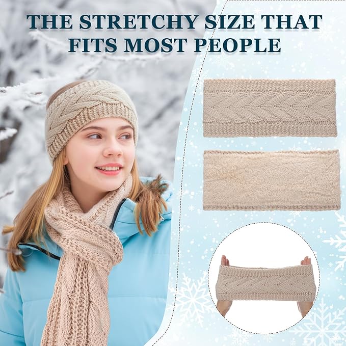 Women’s Cable Knit Scarf & Ear Warmer Headband Set – Fleece-Lined Winter Accessories (Black/Khaki)