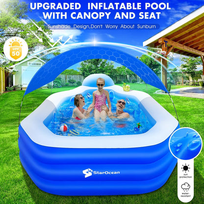 Large Inflatable Pool with Canopy, Seats, and Backrest for Kids and Adults