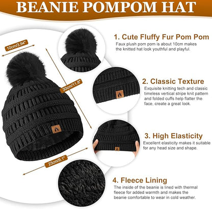 Womens Winter Beanie Hat Scarf Gloves Set Fleece Hat Long Scarf Neck Warmer Ear muffs Fuzzy Socks 5 in 1 Knit Sets