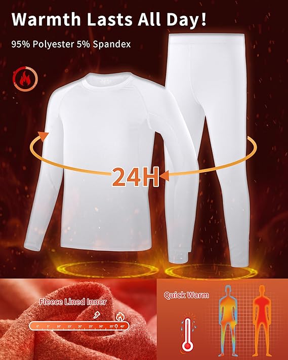 Boys' Thermal Underwear Set – Ultra Soft Fleece-Lined Long Johns & Tops, Cold Weather Base Layer (White, Large, 10-12 Years)