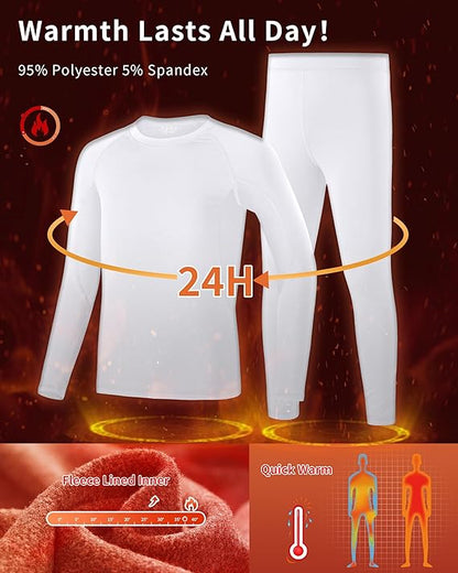 Boys' Thermal Underwear Set – Ultra Soft Fleece-Lined Long Johns & Tops, Cold Weather Base Layer (White, Large, 10-12 Years)