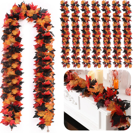12-Pack Fall Leaf Garland – 5.7 FT Black & Red Autumn Hanging Vines for Thanksgiving & Harvest Décor