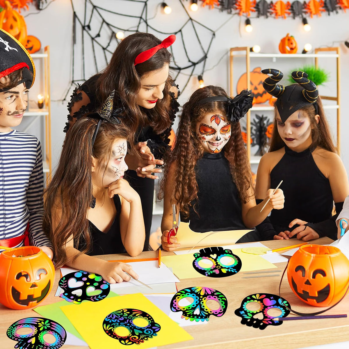 60-Piece Day of the Dead Scratch Skull Masks – DIY Halloween Party Favors & Kids Craft Activity