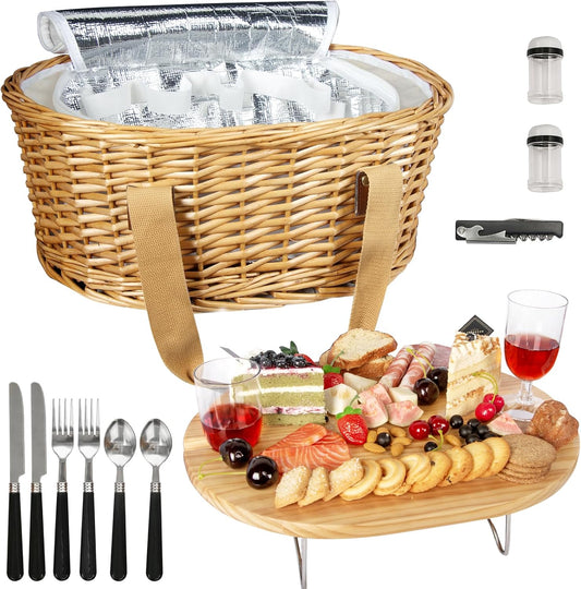 Wicker Picnic Basket Set for 2 – Includes Mini Folding Wine Table, Insulated Cooler & Full Cutlery Kit
