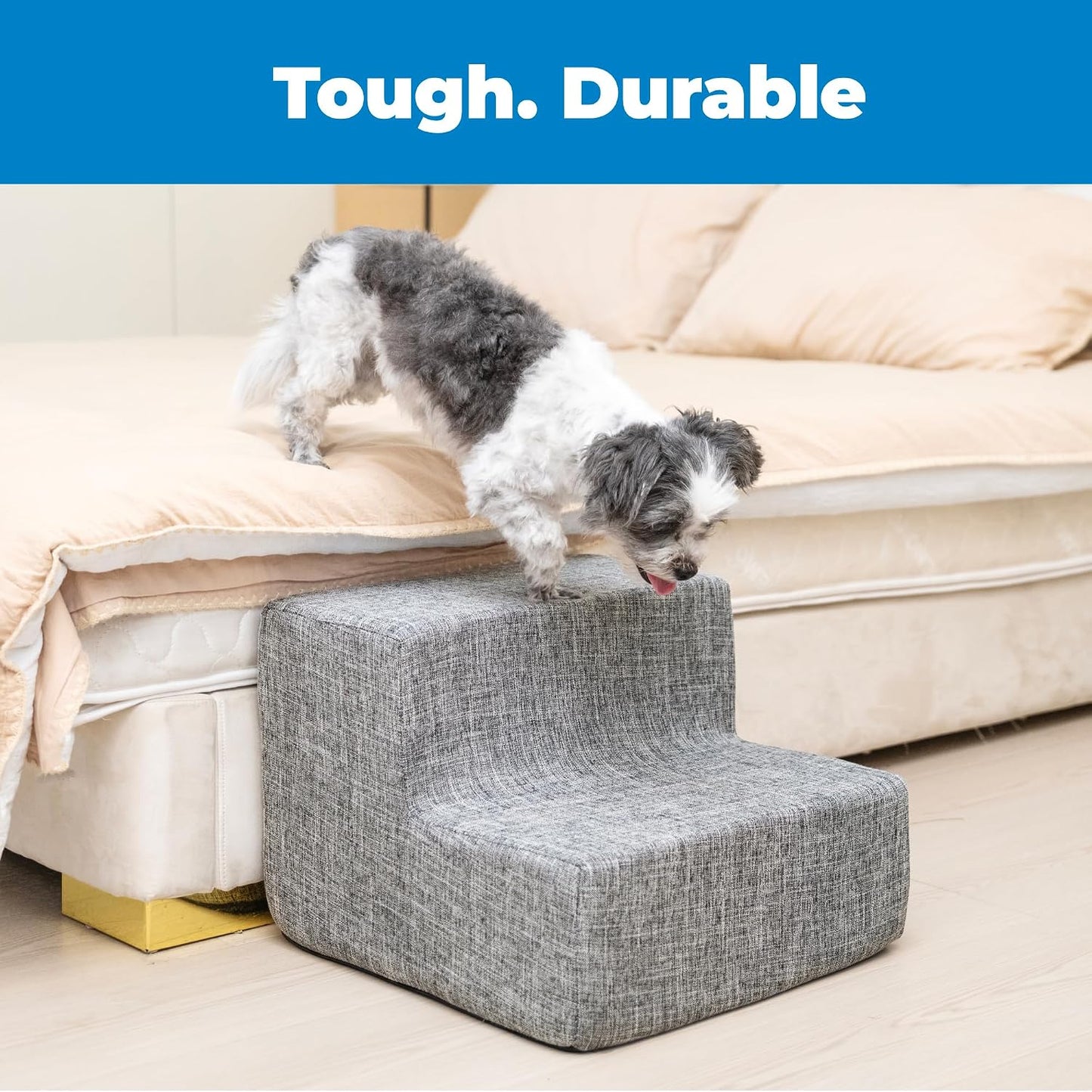 2-Step Foam Dog Stairs – Non-Slip Pet Steps for Small Dogs & Cats, 12" Height – Ash Gray Linen