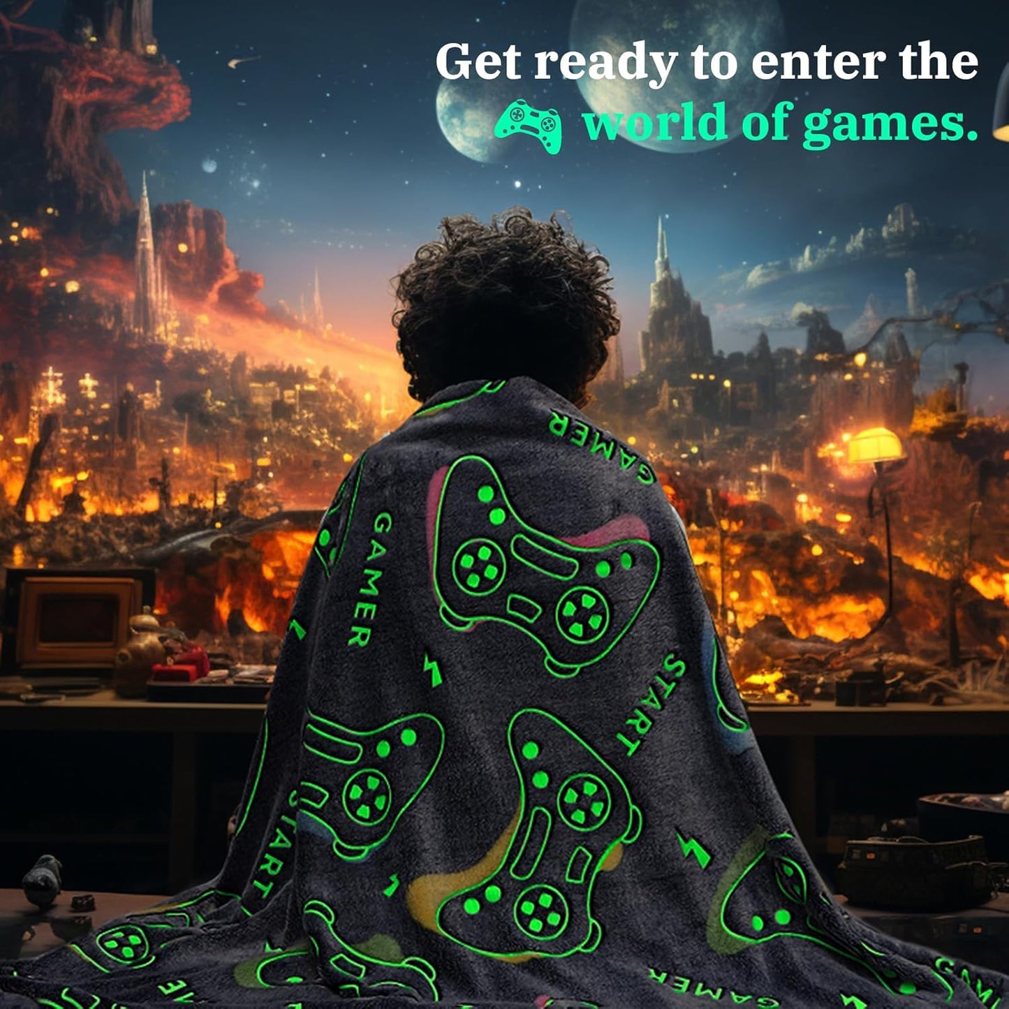 Glow-in-the-Dark Gamer Throw Blanket – Soft Cozy Game Controller Design (50" x 60")