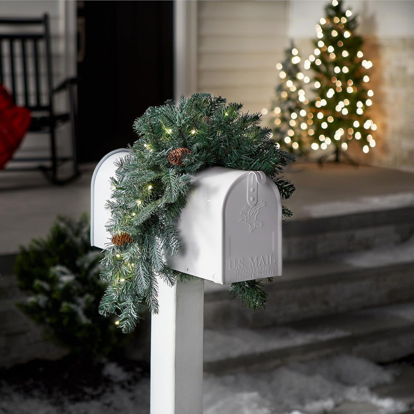 36-Inch 'Feel Real' Pre-Lit Christmas Mailbox Swag with White LED Lights