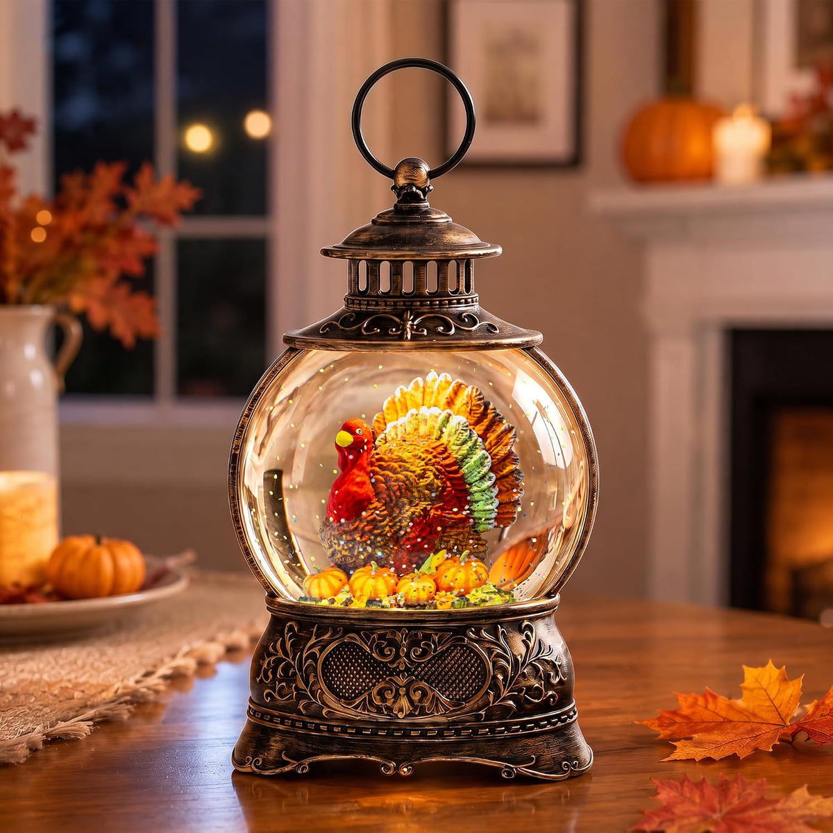 Fall Snow Globe Lantern – Lighted Glitter Water Lantern with Turkey in Pumpkin for Thanksgiving & Autumn Décor
