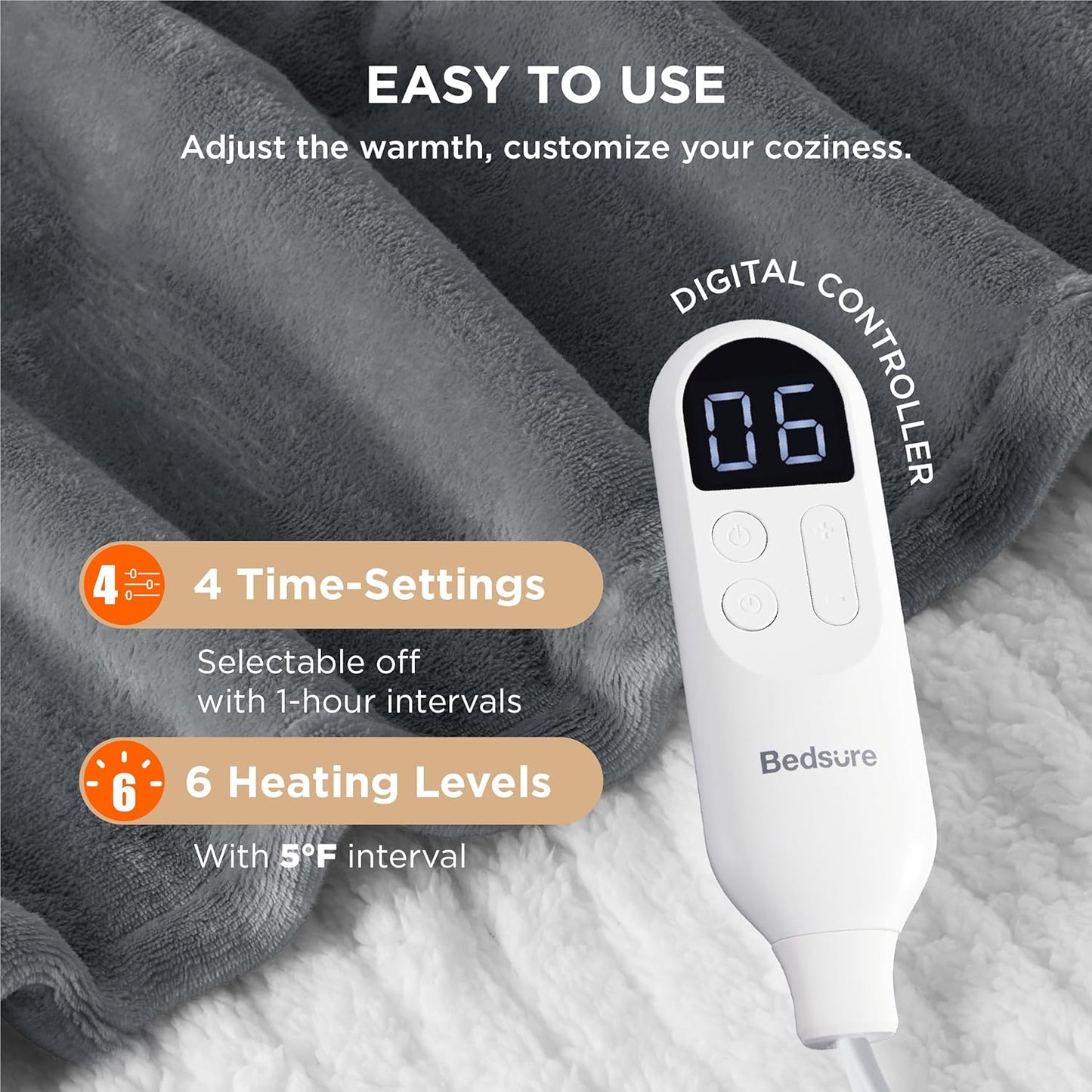 Heated Throw Blanket – Fast-Heating Electric Flannel with Timer & 6 Heat Levels (50" x 60", Grey)