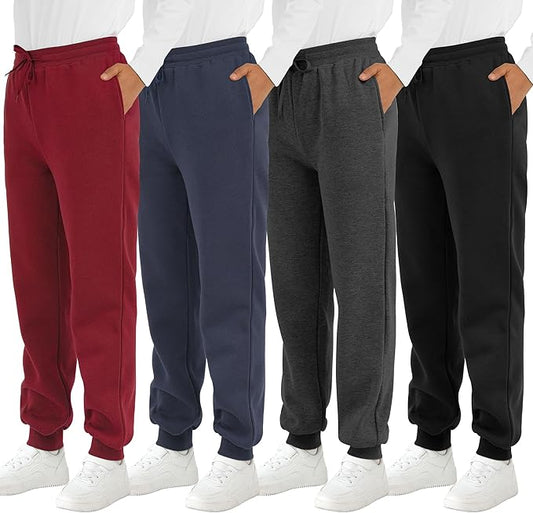 4-Pack Boys’ Fleece Sweatpants – Athletic Jogger Pants with Pockets & Drawstring