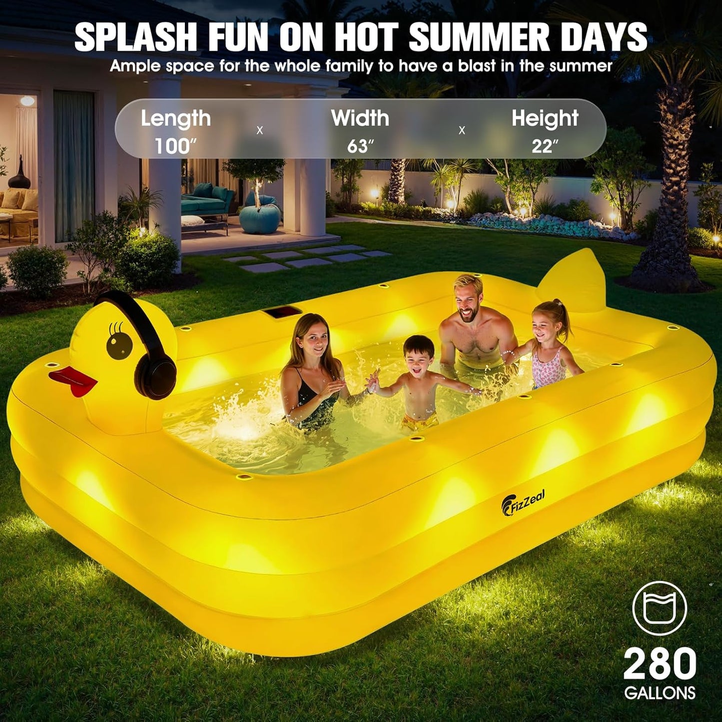 Solar Duck Inflatable Swimming Pool – Large Family Blow Up Kiddie Pool for Kids & Adults – 100" x 63" x 22"