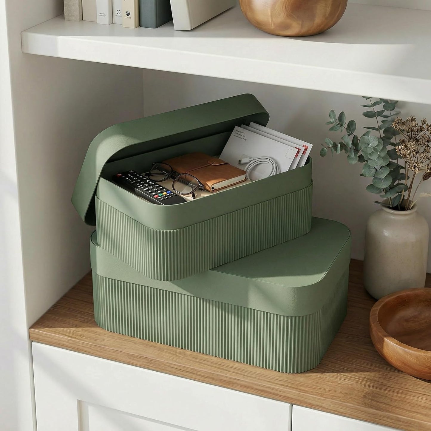 Set of 2 Decorative Storage Boxes with Lids - Fluted Cardboard Organizers for Home Decor
