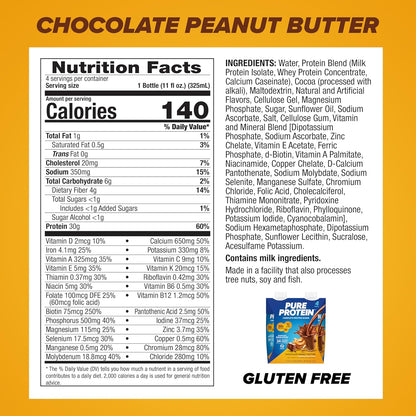 Pure Protein Chocolate Peanut Butter Shake– 30g Protein, Keto-Friendly, 11oz Bottles (12 Pack)