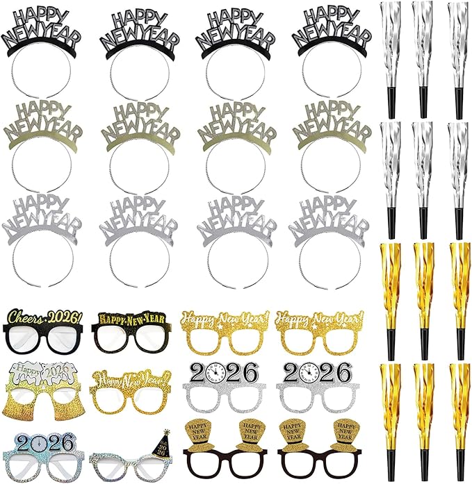 39 Pieces New Year's Eve Party Supplies 2026 - Headbands, Tiaras, and Glasses