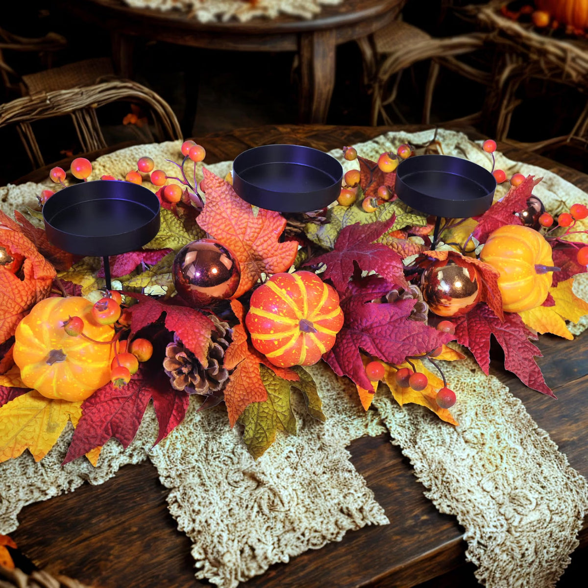 Fall Candle Holder Centerpiece – 3-Candle Thanksgiving Table Décor, 27.56-Inch Autumn Arrangement