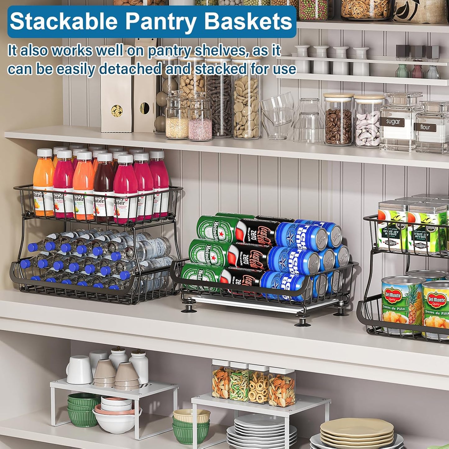 3-Tier Rolling Pantry Organizer Cart – Stackable Wire Baskets for Kitchen, Fruit & Snack Storage with Wheels