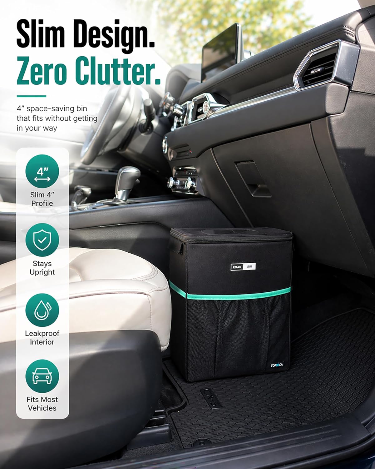 Slim Car Trash Can – 2.5 Gallon Leakproof & Odor-Proof Garbage Bin for Cars, Trucks & SUVs