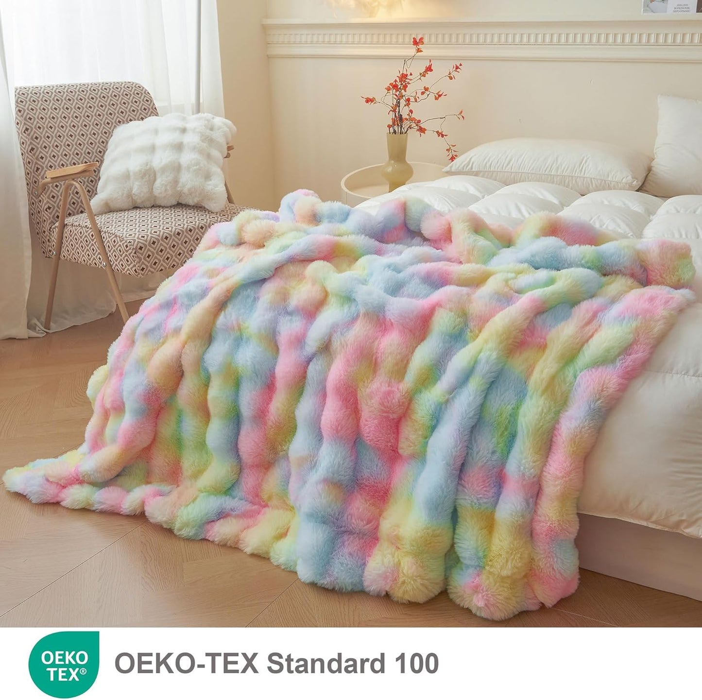 Fluffy Faux Rabbit Fur Bubble Throw – Rainbow Plush Shaggy Blanket (50" x 60")